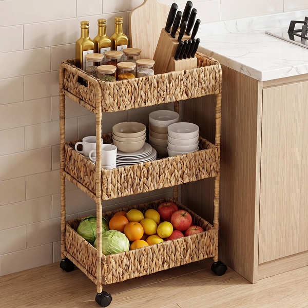 12.8undefined Wide 3‑Tier Water Hyacinth Rolling Cart Natural